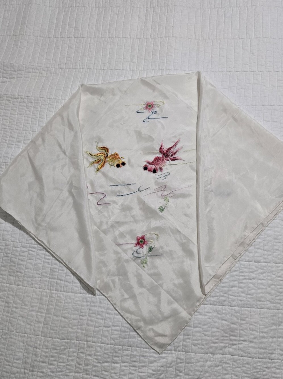 Ivory Silk Scarf with Embroidered Koi Accents - Picture 6 of 7